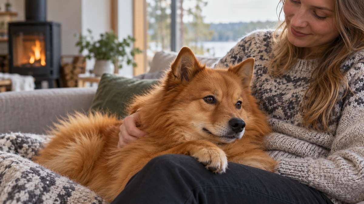 Rus Finosu köpek — sahibinin kucağında